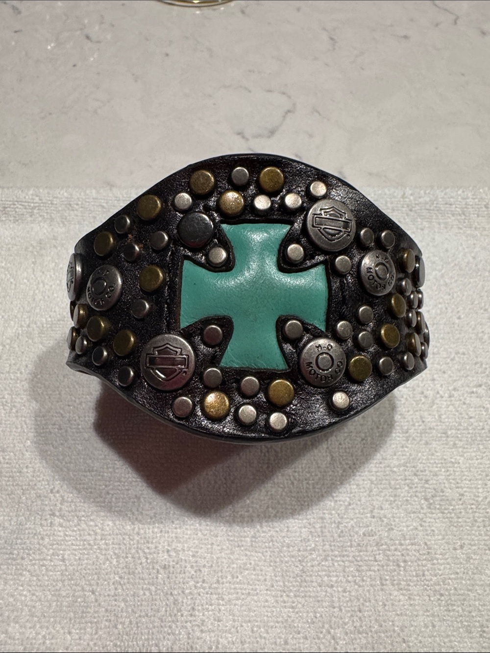 Harley-Davidson Black Leather Cuff with Turquoise Cross and Studs